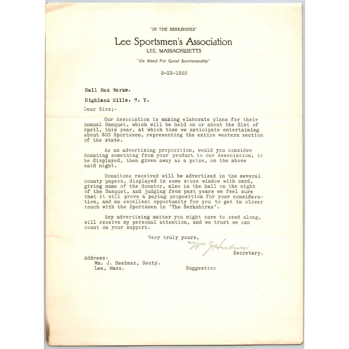 Lee, MASS Lee Sportsmen's Association 1925 Letterhead re: Annual Banquet