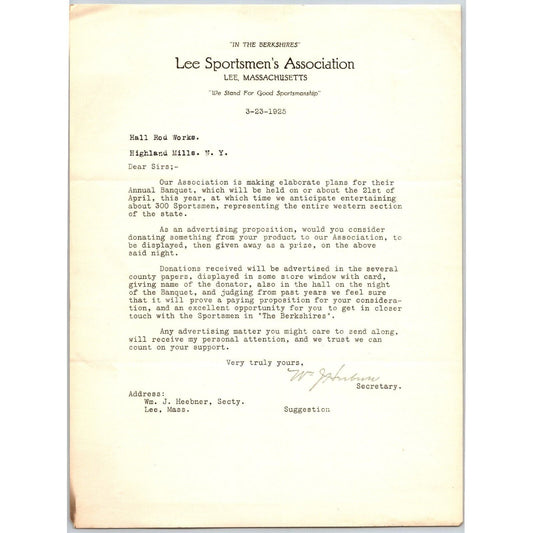 Lee, MASS Lee Sportsmen's Association 1925 Letterhead re: Annual Banquet