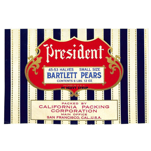1941 Paper Can Label President Brand Small Bartlett Pear Halves VGC - Scarce