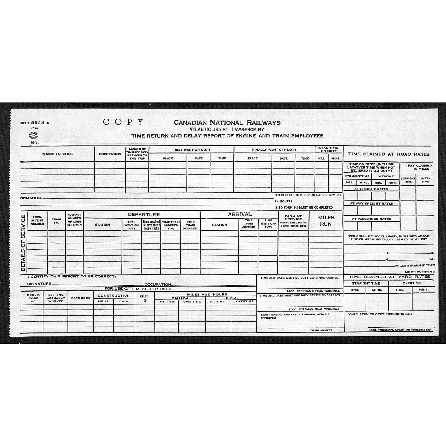 Canadian National Railways Time Return and Delay Report Form Copy Sheet c1957