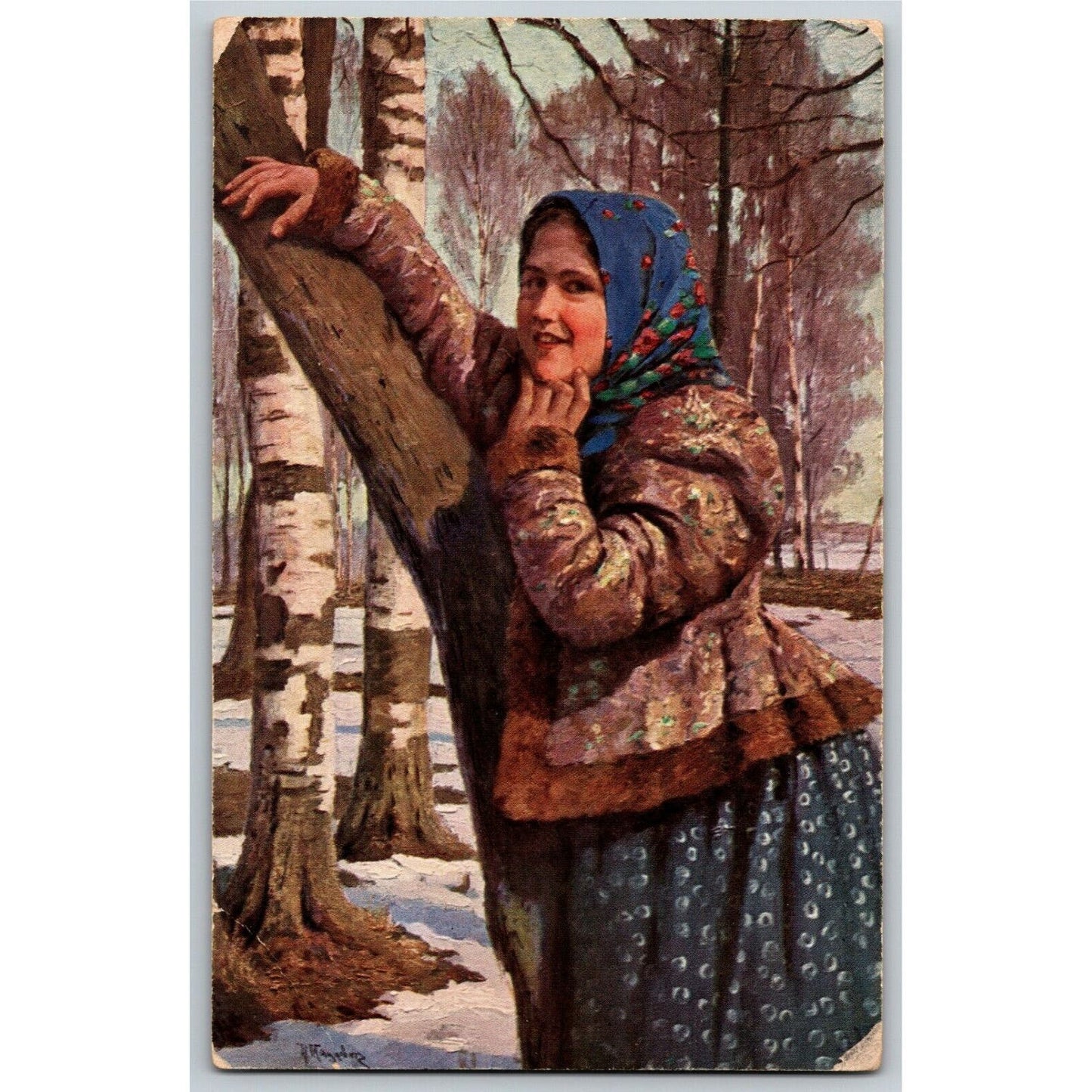 c1910 Vintage Russian / German Art Postcard "Peasant Girl w/ Blue Headscarf"