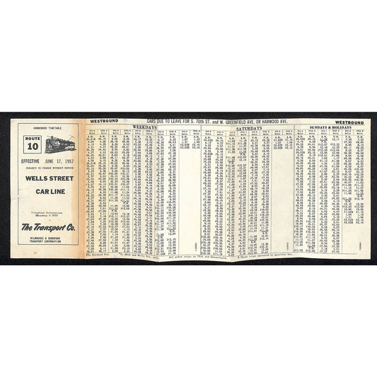Milwaukee & Suburban Transport Corp. 1957 Wells Street Car Line Timetable Scarce