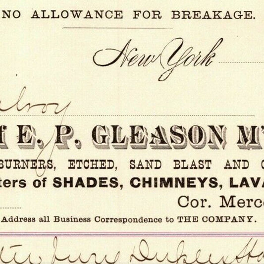 1887 "E. P. Gleason" Cut Glass Globes Billhead Letterhead Mercer St., NYC