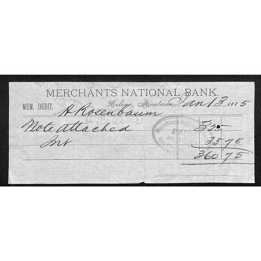 Helena Montana Merchants Nation Bank 1885 Receipt / Debit Memo