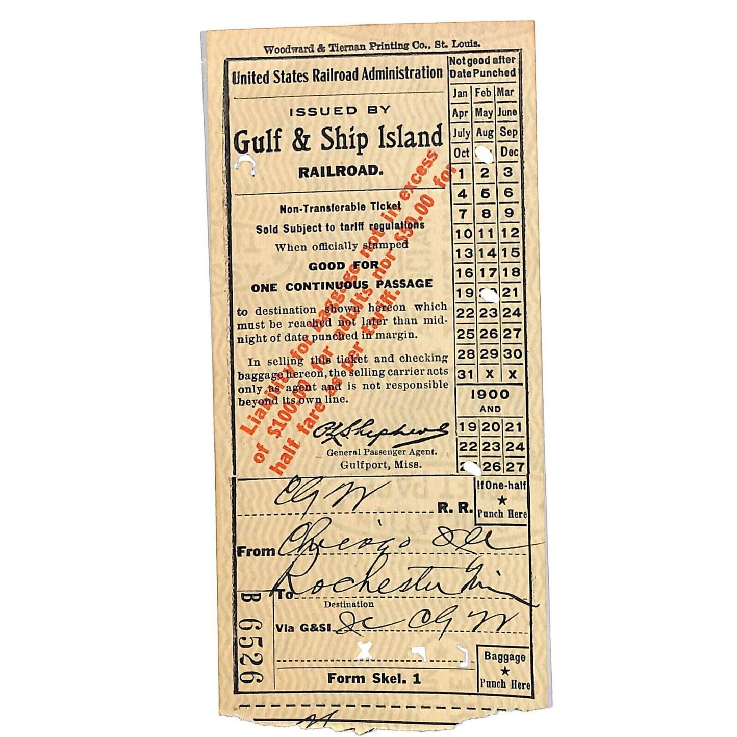 1925 Gulf and Ship Island Railroad Ticket Chicago to Rochester, MN #6526 Scarce