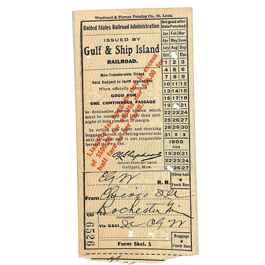 1925 Gulf and Ship Island Railroad Ticket Chicago to Rochester, MN #6526 Scarce
