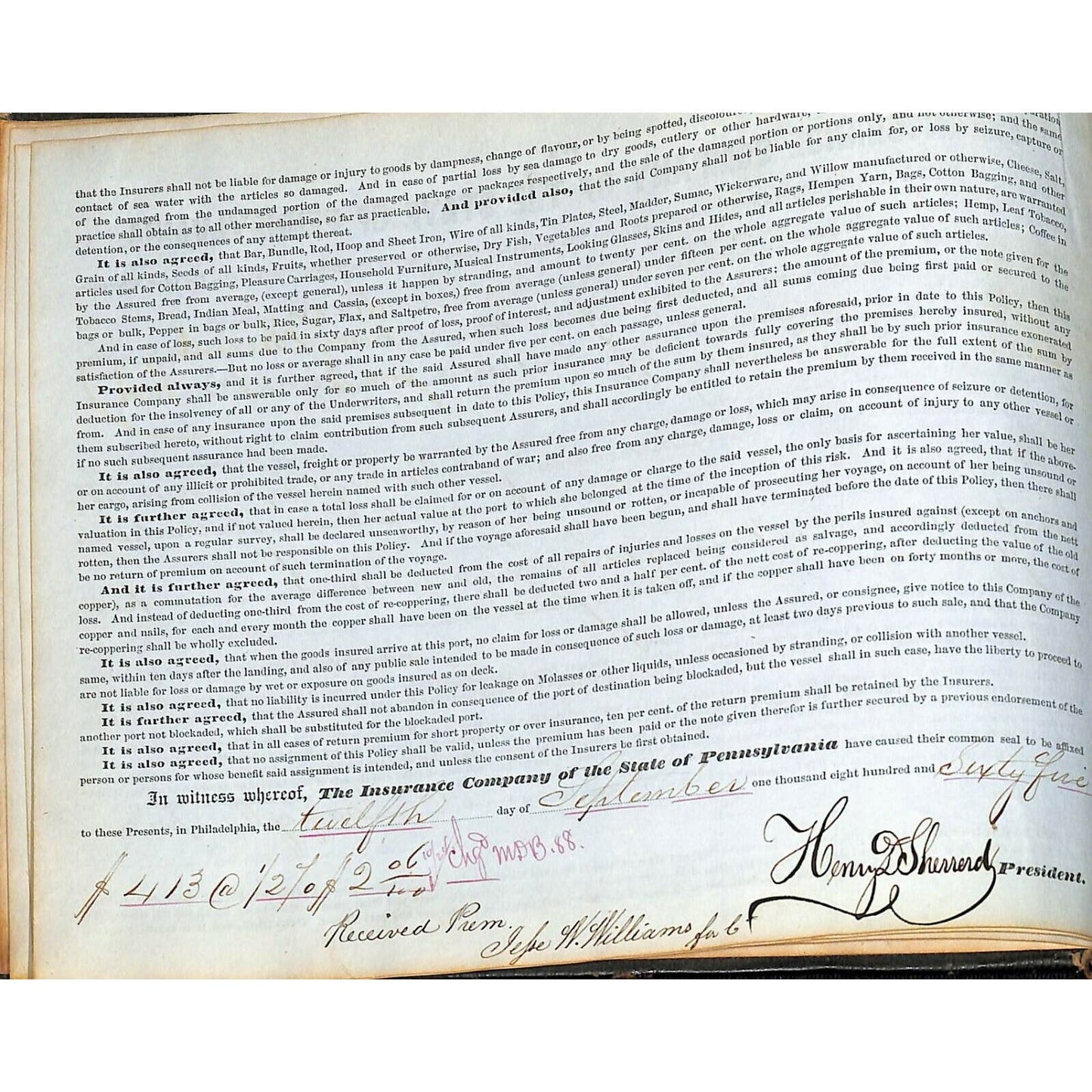 1865 Marine Shipping Document Insurance Ledger Book Henry D. Sherrerd Signatures