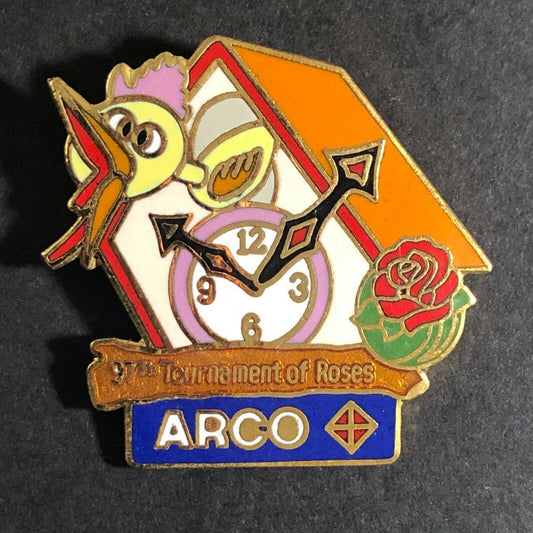 c1994 ARCO 97th Tournament of Roses Enameled Lapel Pin - Coo Coo Clock