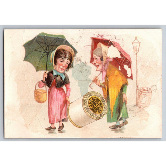 Women w/ Umbrellas Chat in the Rain Victorian Trade Card - JP Coats Thread