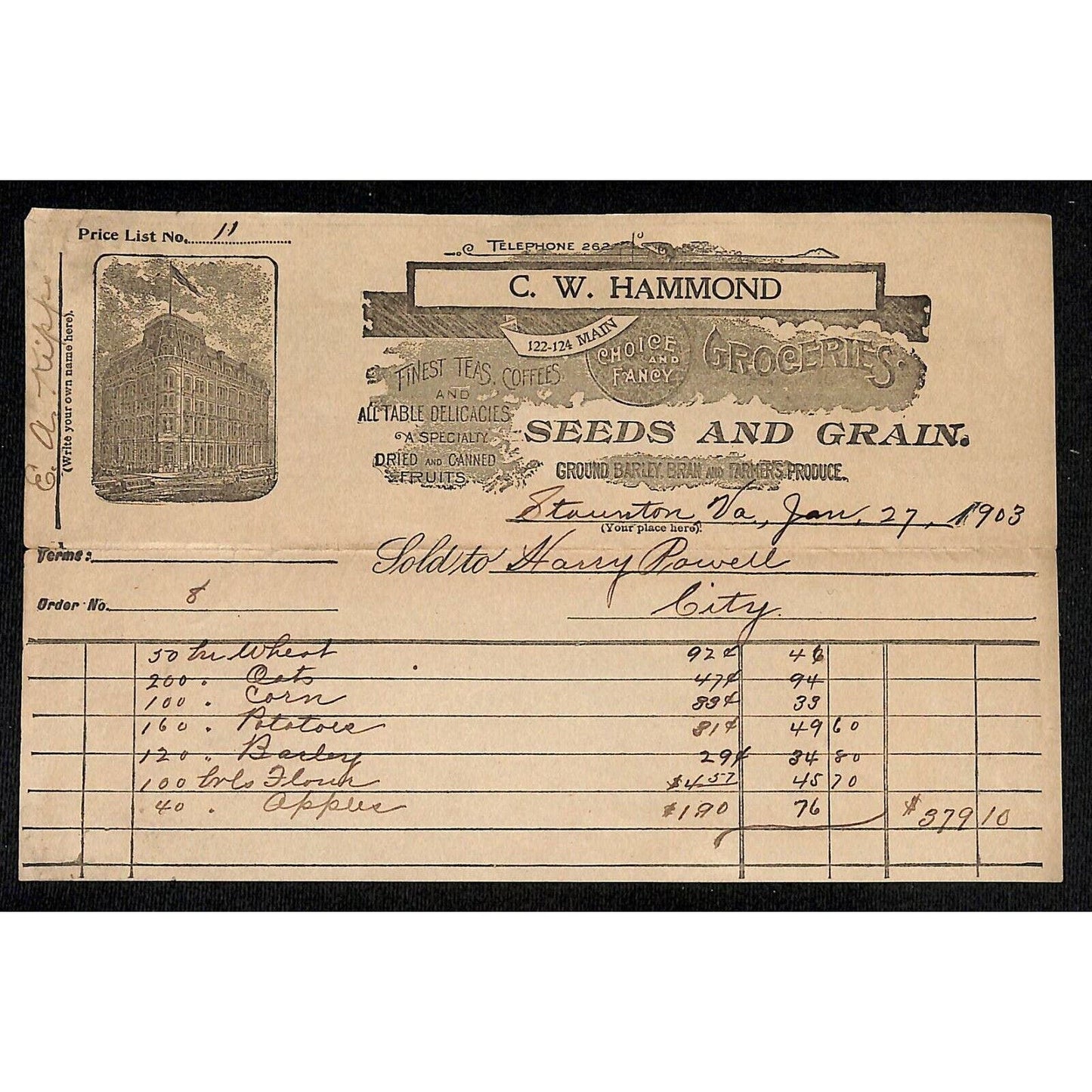1903 Scarce C.W. Hammond Seeds and Grain Letterhead Billhead Staunton, VA