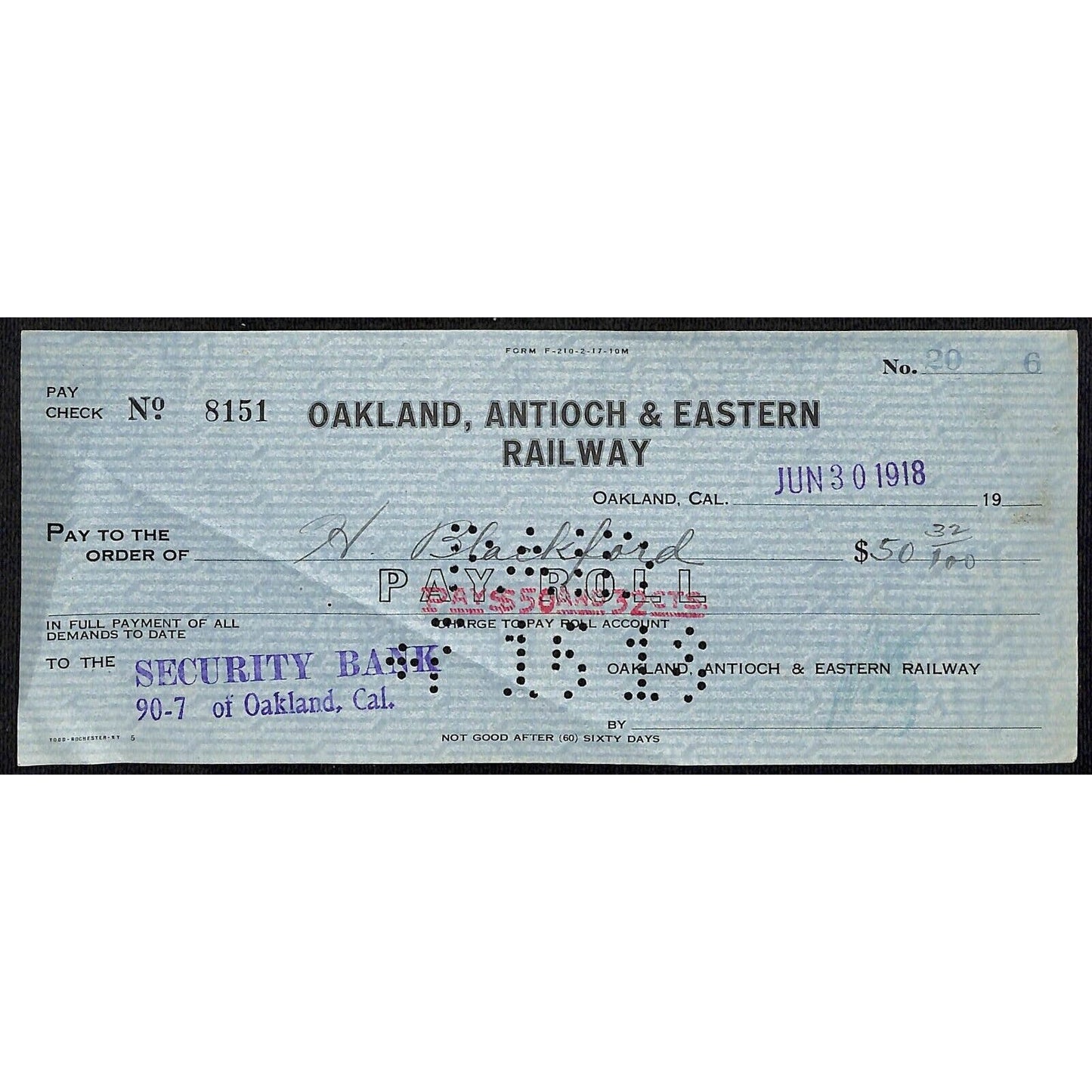 1918 Oakland, Antioch & Eastern Railway Security Bank Check Oakland, CA #20 6