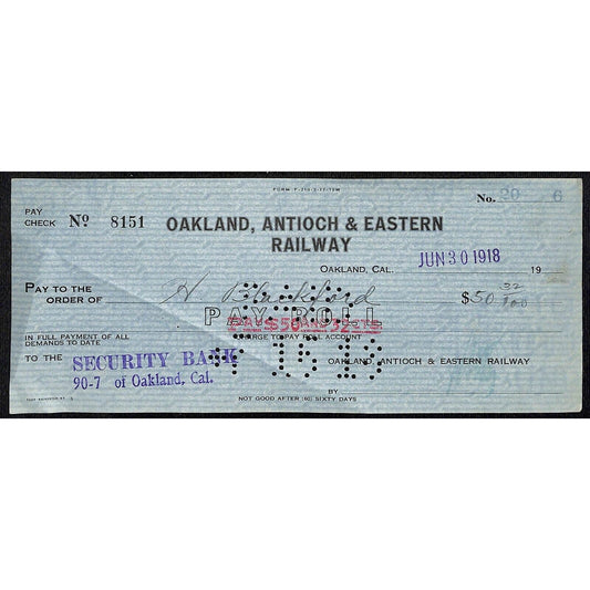 1918 Oakland, Antioch & Eastern Railway Security Bank Check Oakland, CA #20 6