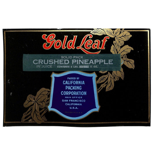 1948 Paper Can Label Gold Leaf Brand Crushed Pineapple 6 Lbs. - VGC - Scarce