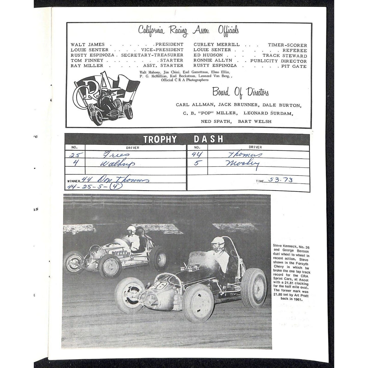 Scarce 9/3 1966 Sprint Car Auto Racing CRA Program Whiteman Speedway 16pp.