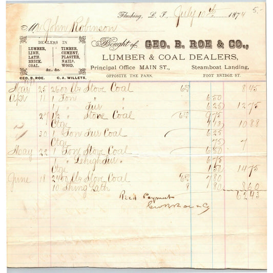 Geo. B. Roe & Co. 1874 Letterhead Flushing, LI NY Lumber Coal Timber Lime Lath