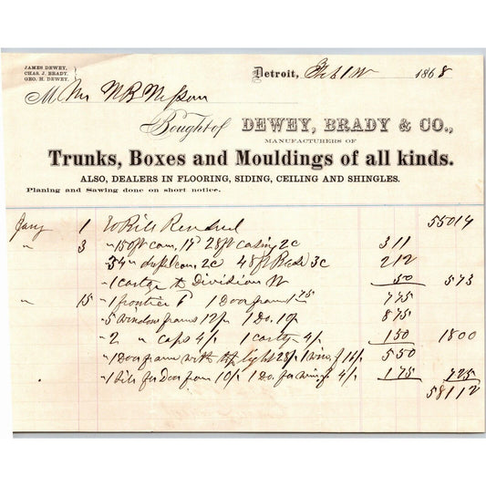 Detroit Letterhead Dewey & Brady "Trunks Boxes and Mouldings of All Kinds" 1868
