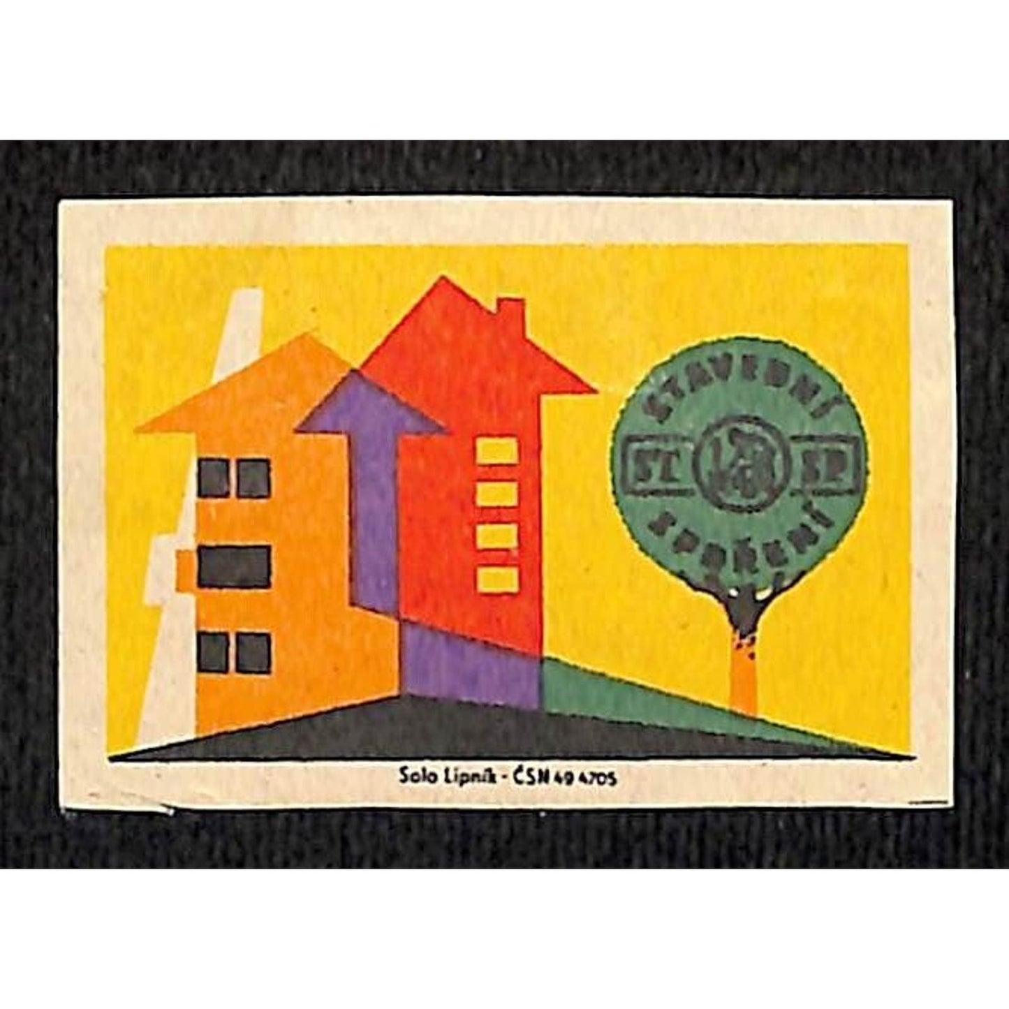Vintage Matchbox Label Czech Bank Houses Tree c1950's-60's