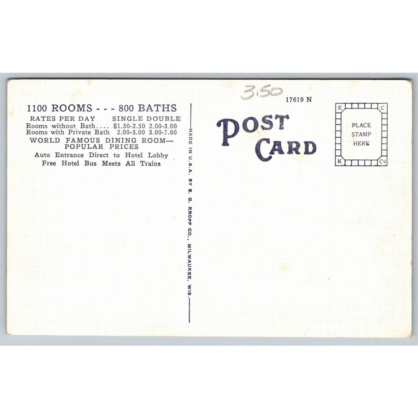 New Rosslyn Hotel Lobby Los Angeles Postcard NP c1920's-30's w/ Rates