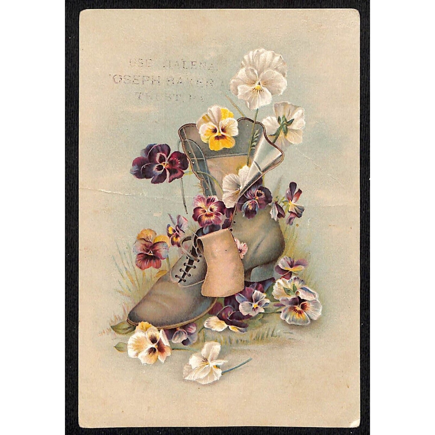 Ma-Le-Na Remedy Victorian Trade Card Flowers in a Fancy Shoe as a Vase