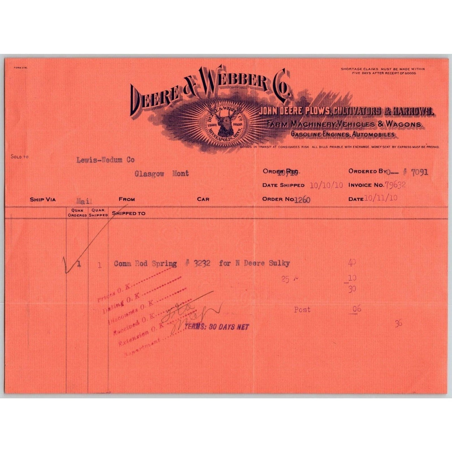Scarce 1910 John Deere / Deere & Webber Invoice - S O Eveners 4 H
