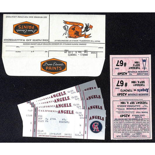 California Angels Tickets 4 Unused 9/6/94 Strike - Game Not Played