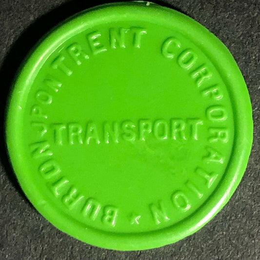 Burton-Upon-Trent England Plastic Transport Token Green 2 1/2D 21mm c50's-60's