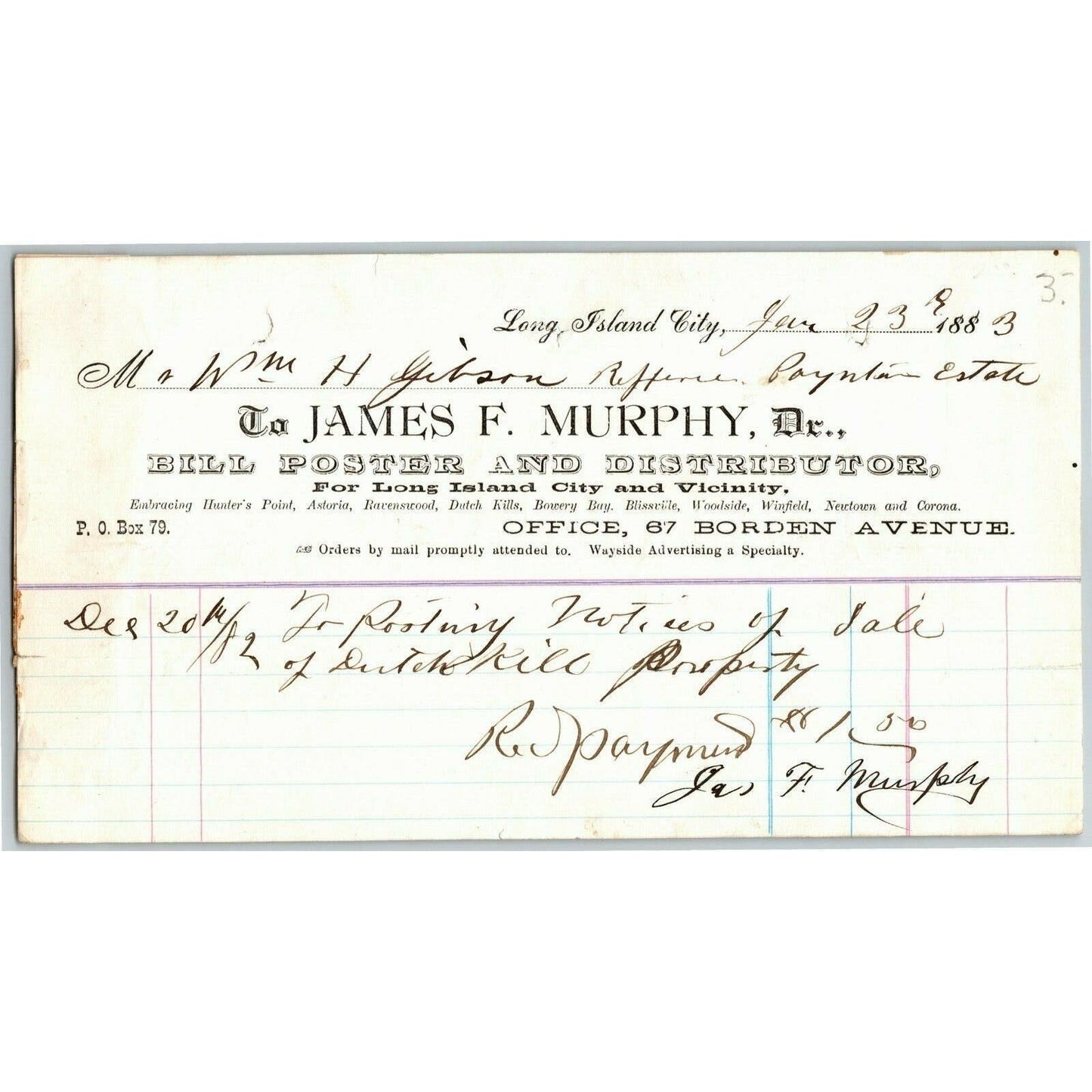 Long Island City. NY Billhead Letterhead 1883 James F. Murphy - Bill Poster