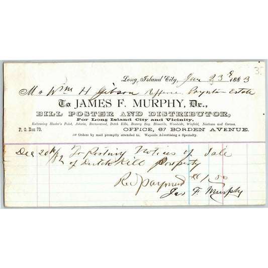 Long Island City. NY Billhead Letterhead 1883 James F. Murphy - Bill Poster