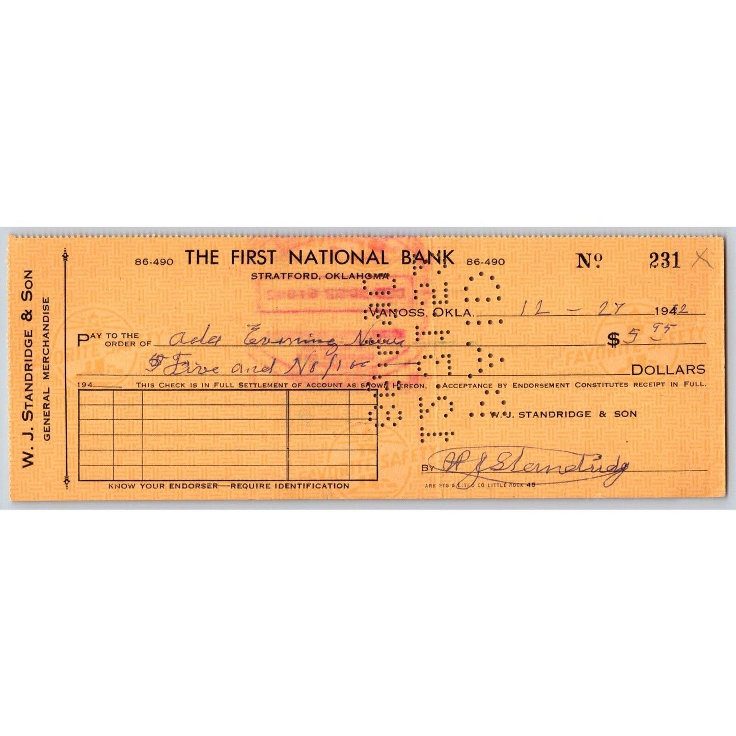 Stratford, Oklahoma 1952 Bank Check W.J. Standridge & Son General Merchandise