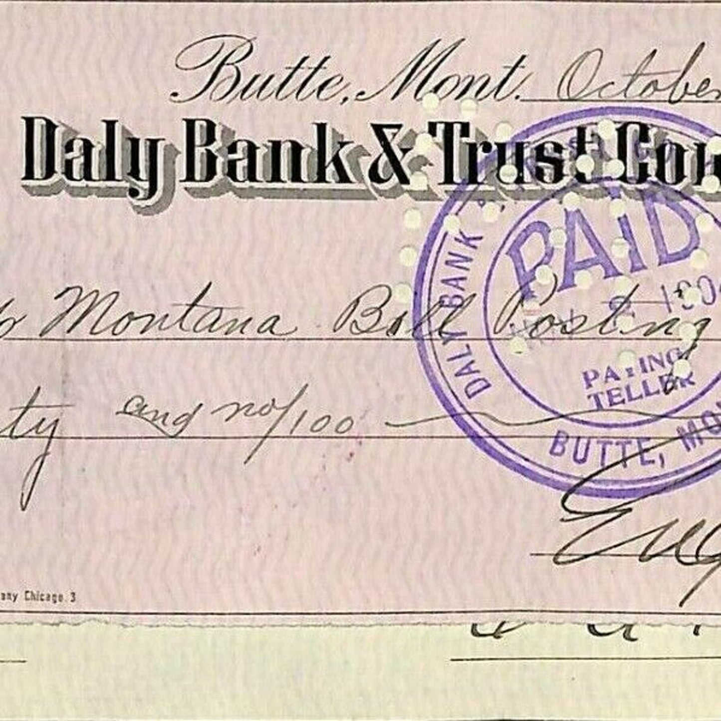 1904 Check Daly Bank & Trust Co. Butte, MT Eugene Carroll to Bill Posting Co.