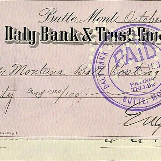 1904 Check Daly Bank & Trust Co. Butte, MT Eugene Carroll to Bill Posting Co.