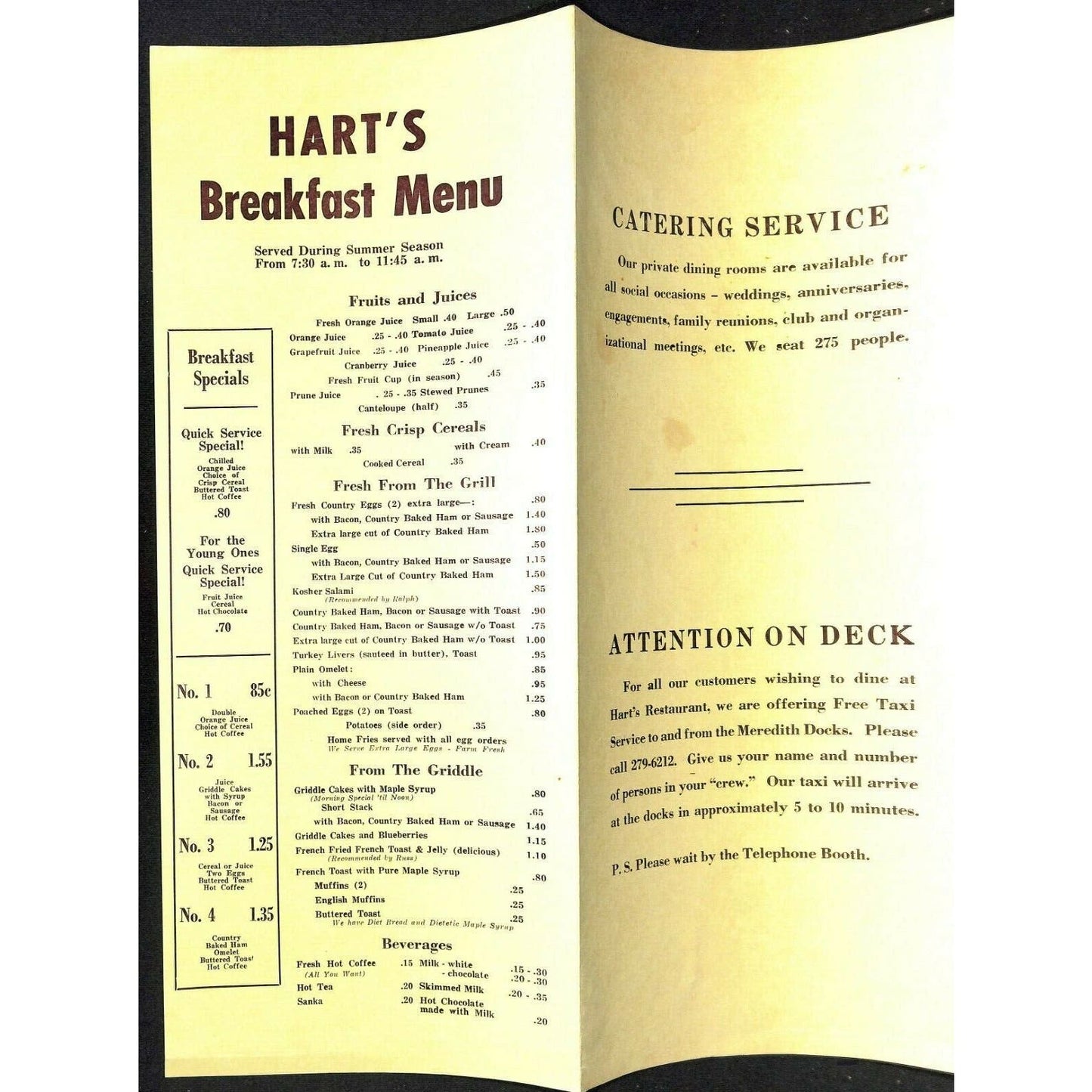 Hart's Menu Restaurant Meredith NH Scarce Vintage Large Turkey c1958-60's