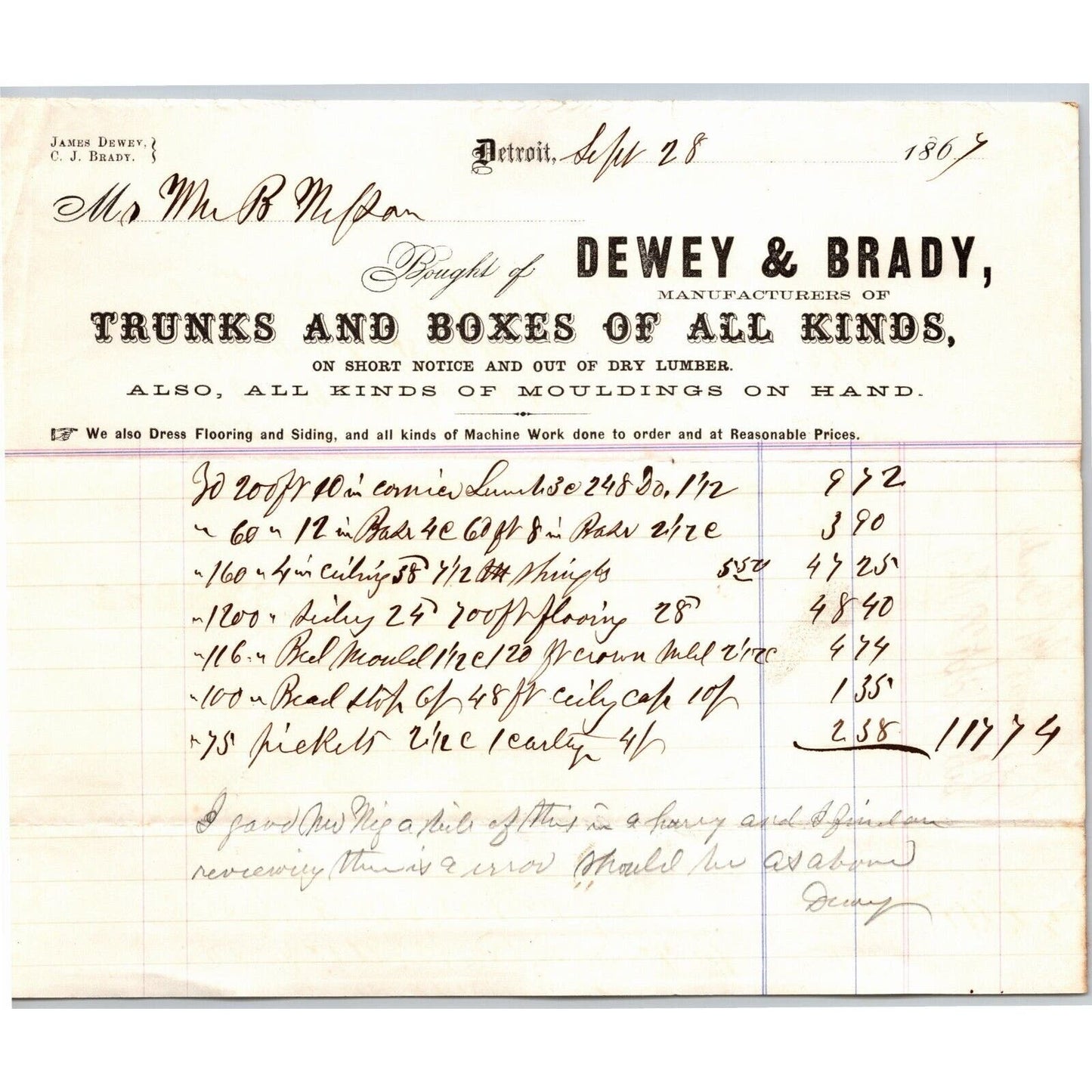 Detroit Letterhead Dewey & Brady "Trunks and Boxes of All Kinds" - 1867