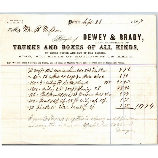 Detroit Letterhead Dewey & Brady "Trunks and Boxes of All Kinds" - 1867