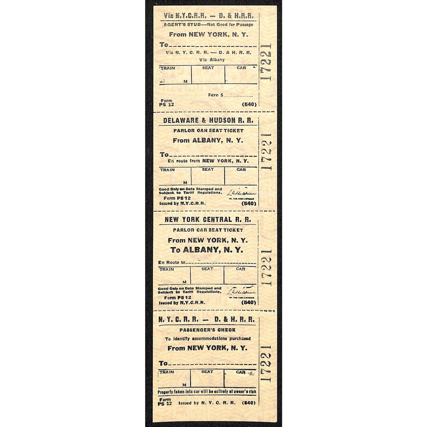 N.Y.C.R.R. - D. & H. R. R. New York / Albany SAMPLE Ticket c1960's Scarce #17221