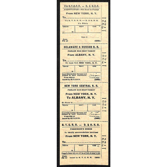 N.Y.C.R.R. - D. & H. R. R. New York / Albany SAMPLE Ticket c1960's Scarce #17221