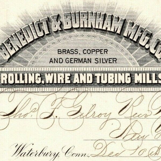 1887 "Benedict & Burnham Mfg. Co" Brass Copper Billhead Letterhead Waterbury CT