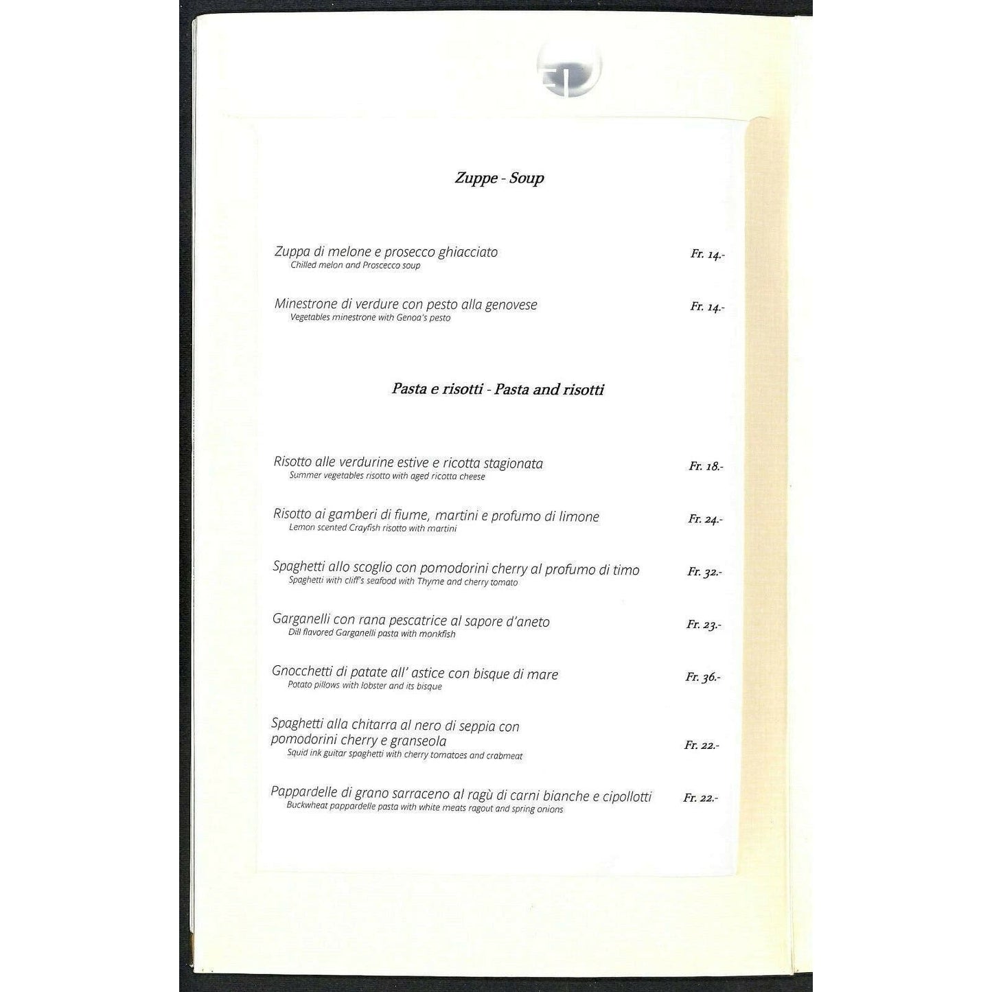 Casinò Lugano Large Stiff Panel Dinner Menu Italian Restaurant Switzerland