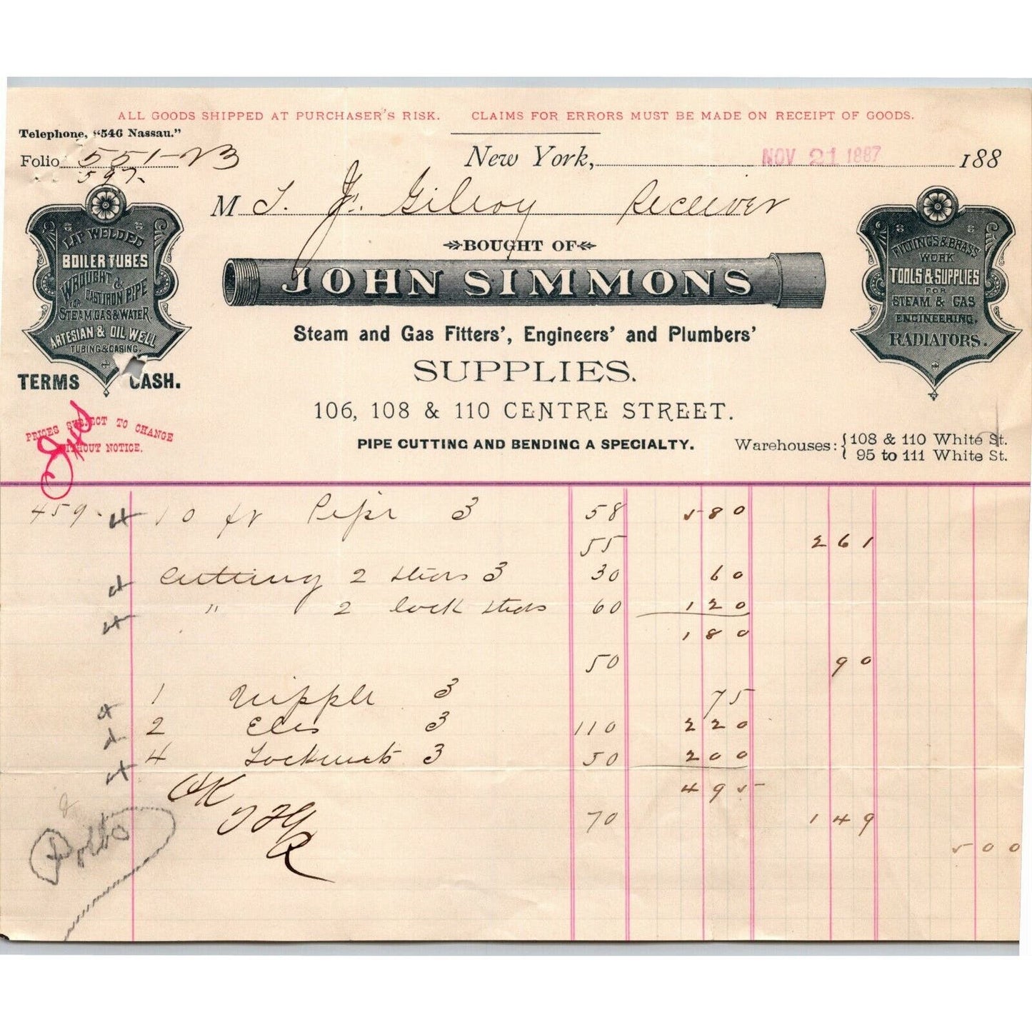1887 John Simmons Steam and Gas Fitters Letterhead Billhead Centre St NYC