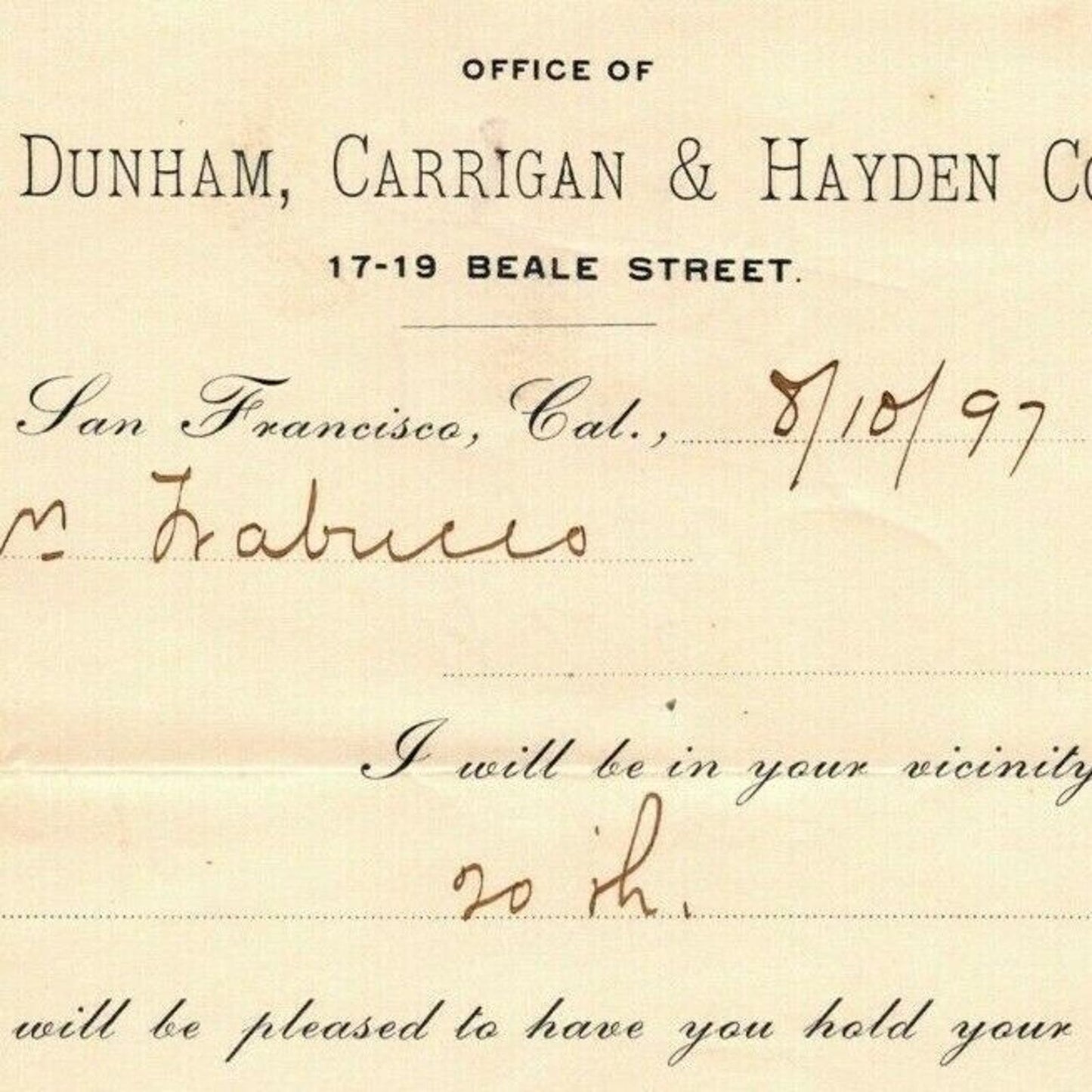 1897 Dunham, Carrigan & Hayden Co. (Hardware & Tools) San Francisco Advance Note