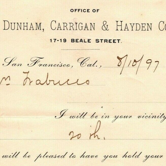 1897 Dunham, Carrigan & Hayden Co. (Hardware & Tools) San Francisco Advance Note