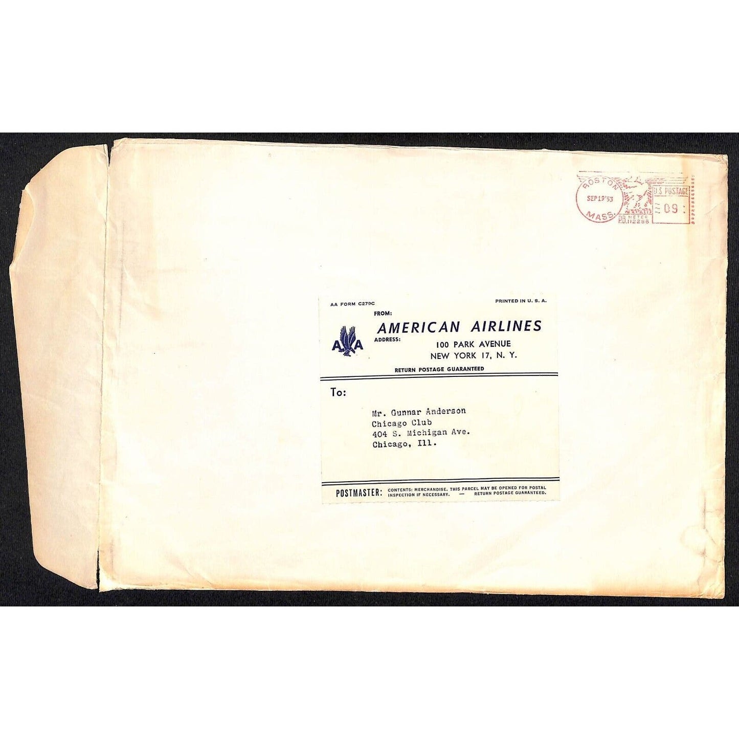 1952 American Airlines 100 Park Ave NYC Mailing Label on Large Envelope