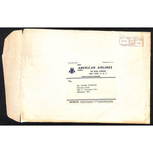 1952 American Airlines 100 Park Ave NYC Mailing Label on Large Envelope