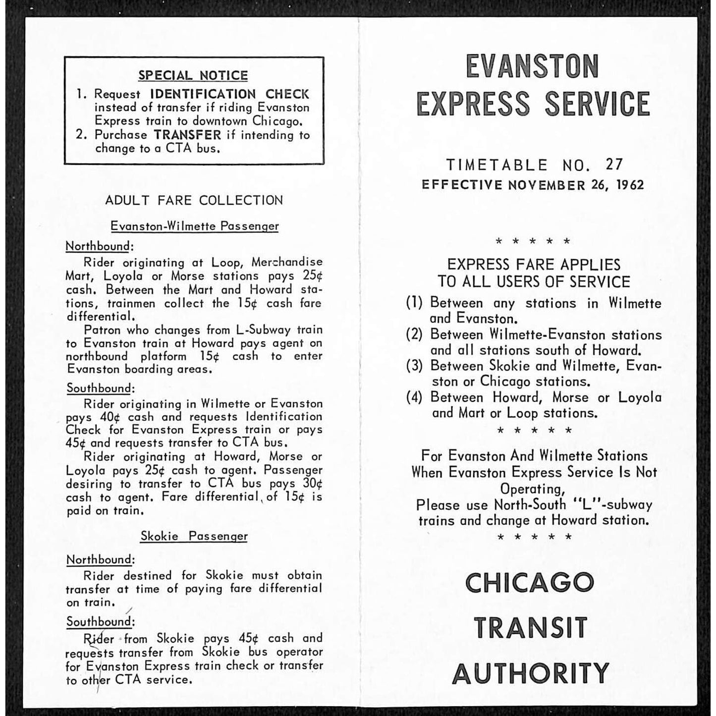 Chicago Transit Authority CTA Evanston Express Service Schedule 1962 NOS