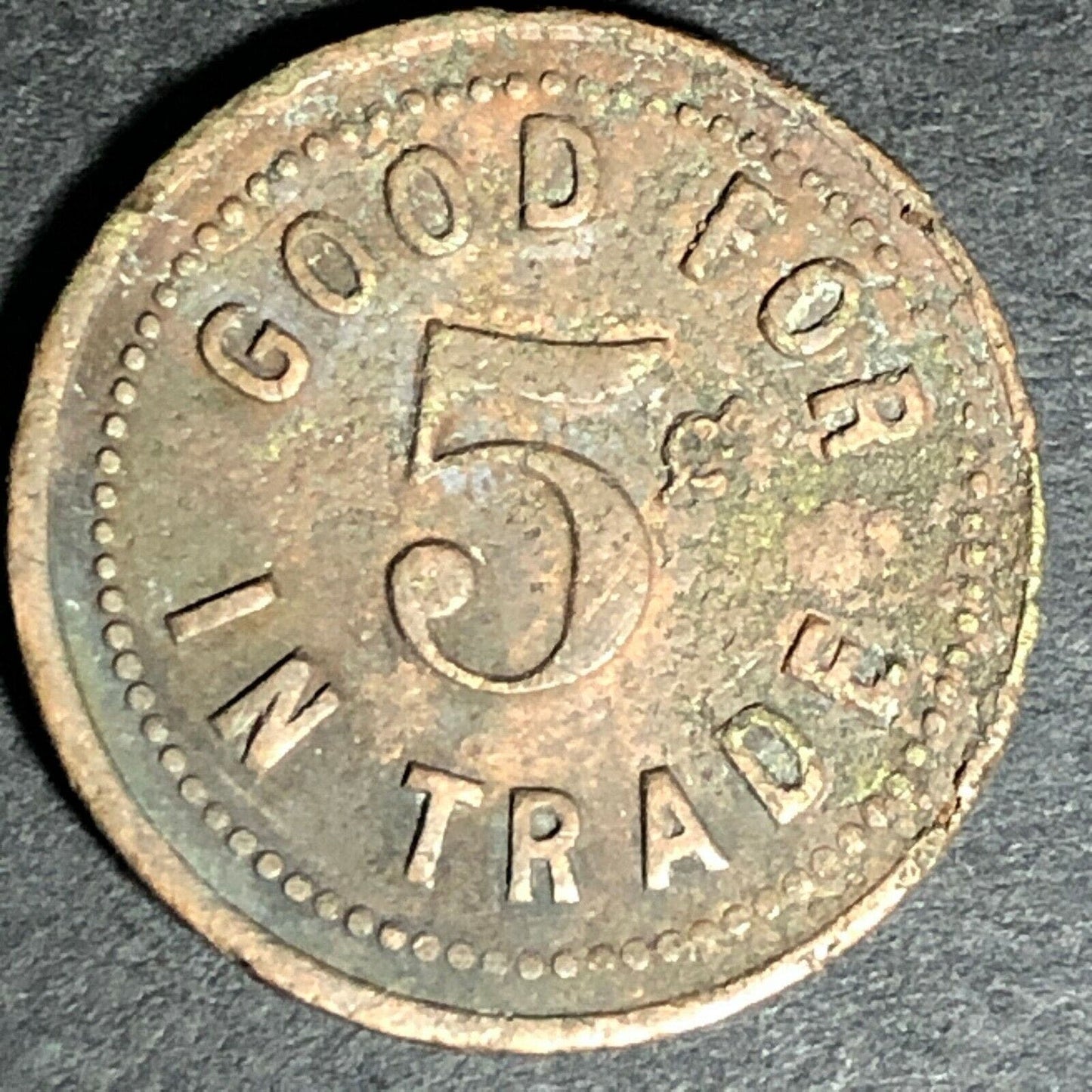 Vintage 21.25mm "Good for 5c in Trade" Brass Token