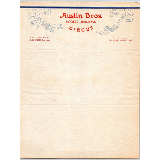 Austin Bros. Modern Railroad Circus Letterhead c1945 Texas Scarce