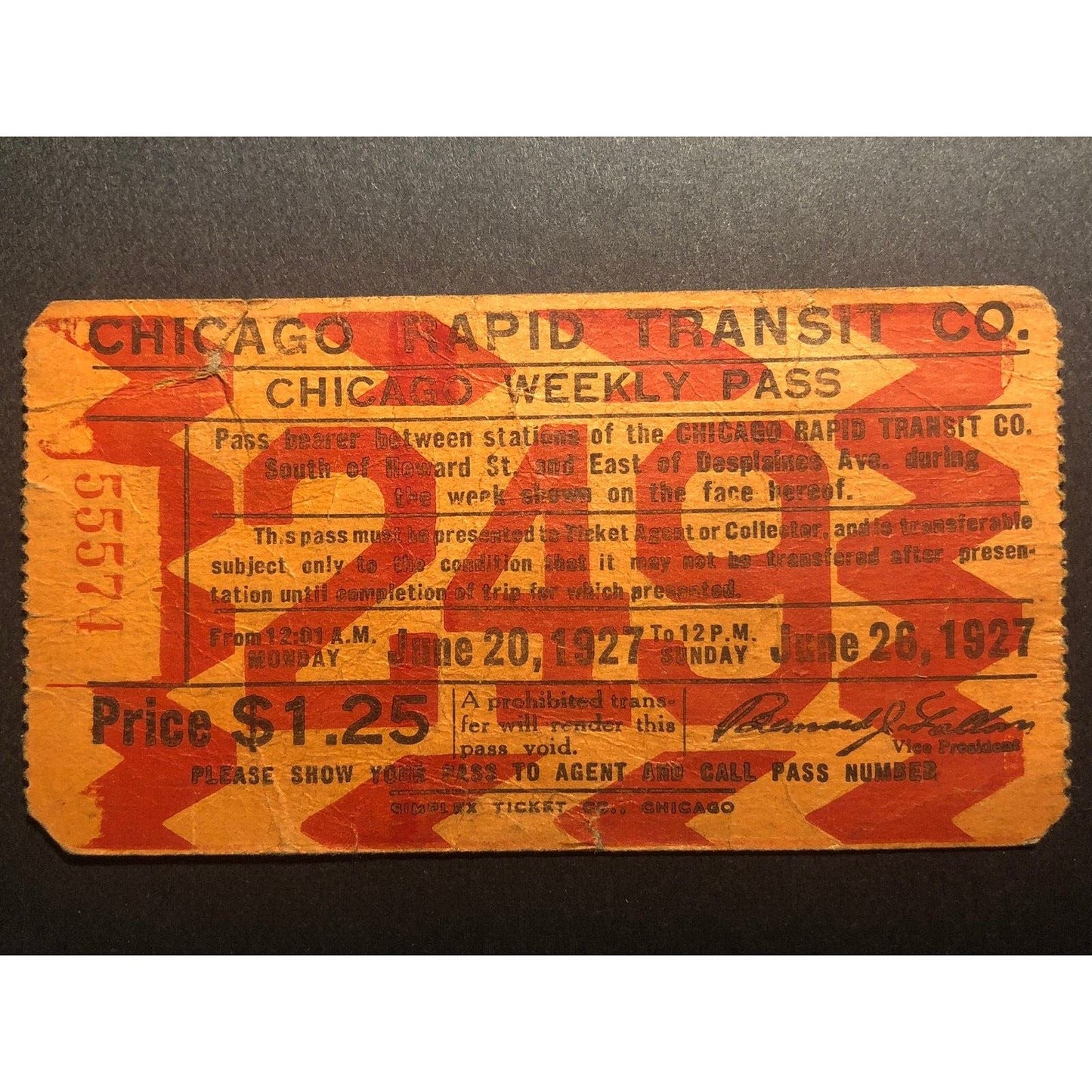 Chicago Rapid Transit Weekly Pass June 1927 "249"