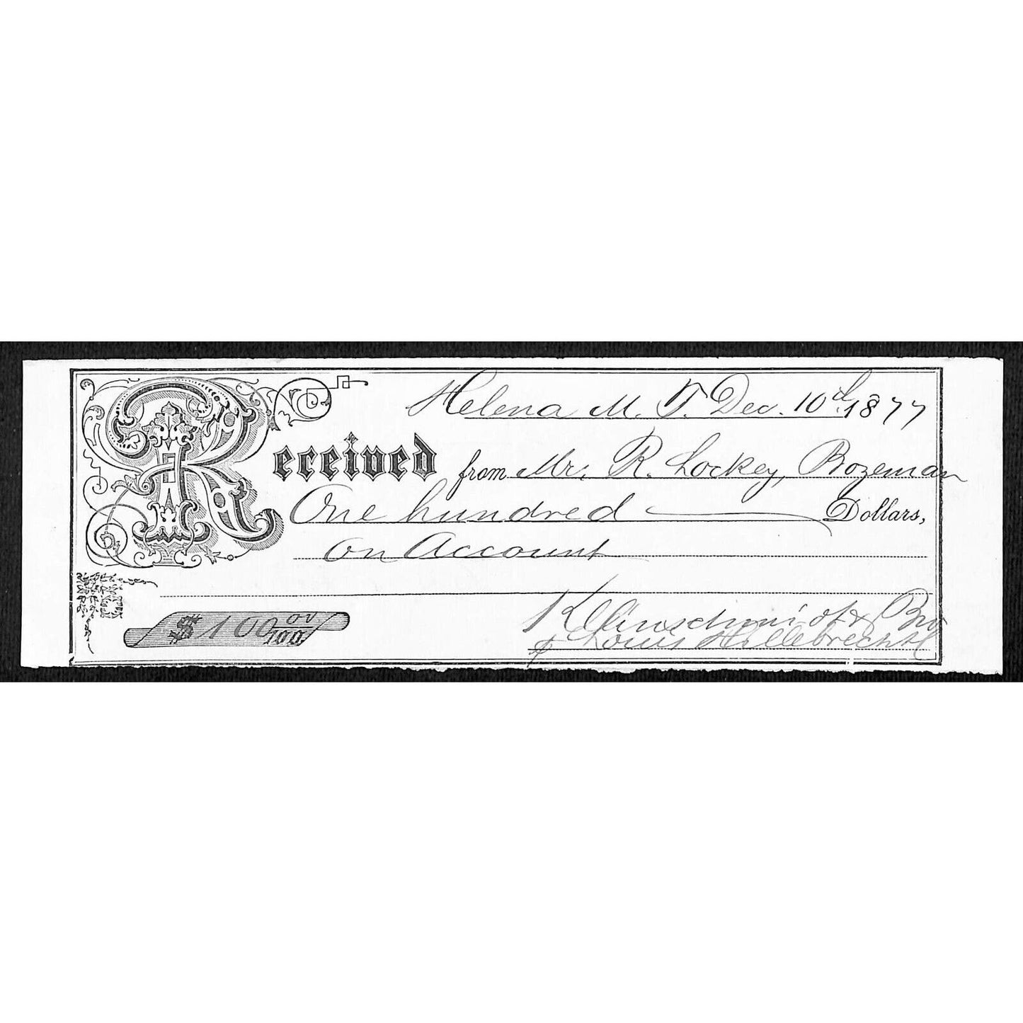 Helena Montana 1877 $100 Richard Lockey - Receipt / Billhead