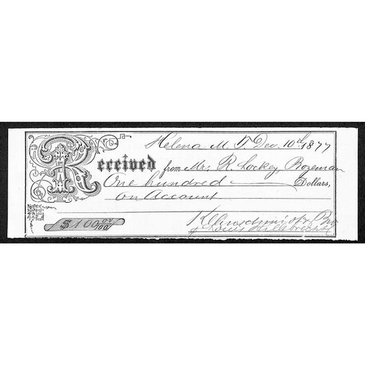 Helena Montana 1877 $100 Richard Lockey - Receipt / Billhead
