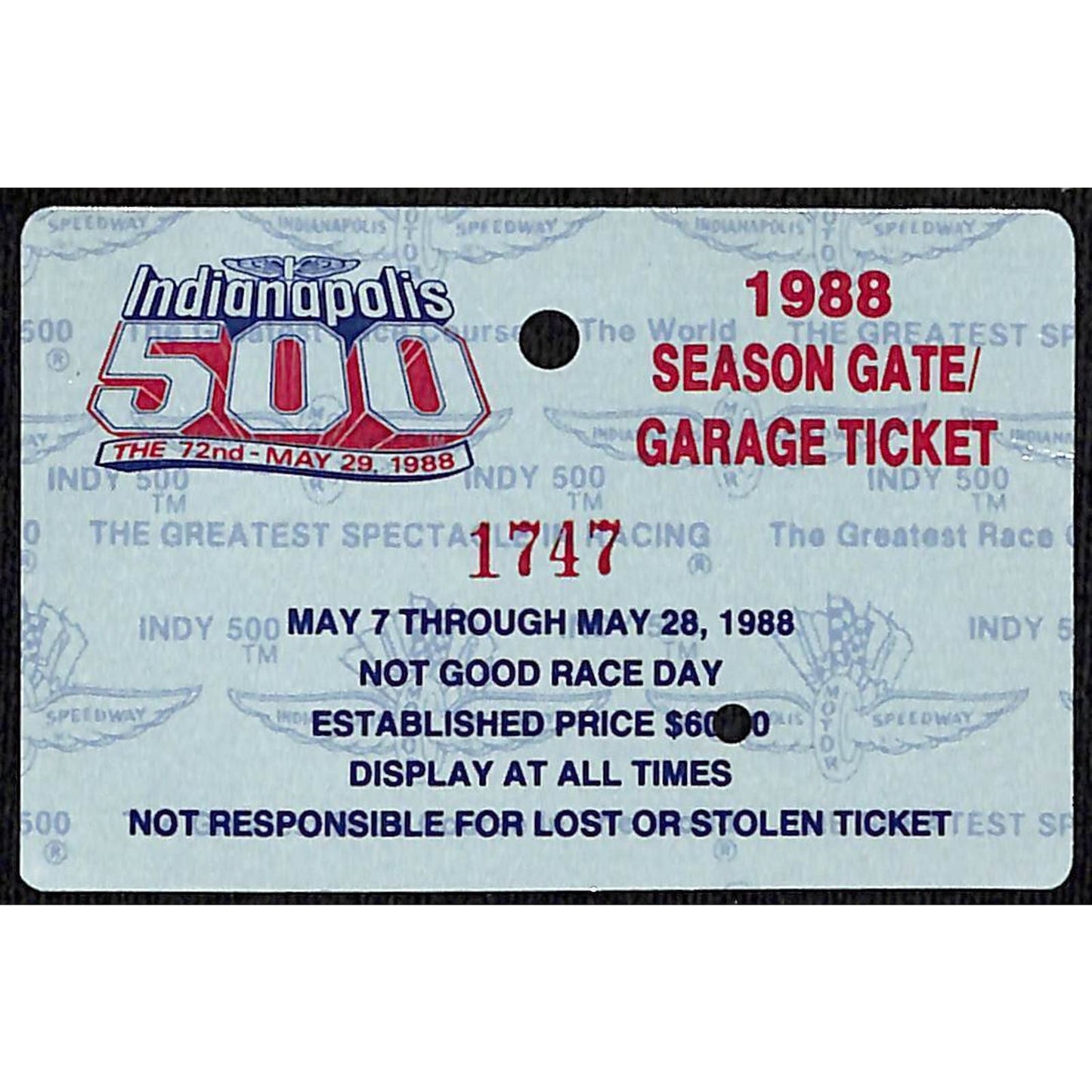 1988 Indy 500 Season Gate / Garage Ticket Pass Card Indianapolis IMS #1747 VGC